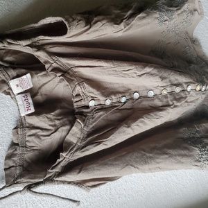 Flowy Bubble Top Adjustable Tie Spaghetti Strap Embroidered Ruffles Button Front